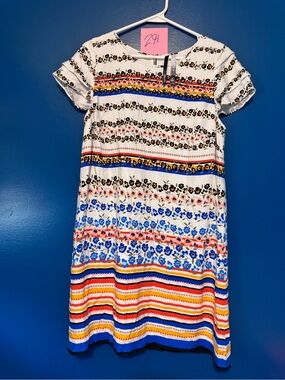 Kensie White Multi Stripe Floral Midi Dress with Blue and Yellow Accents